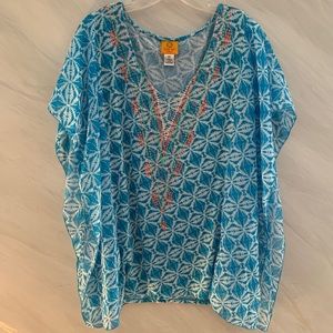 Ruby Rd. Women’s 2X Aqua Blue/White V-Neck Short Sleeve Kimono Style Blouse Top